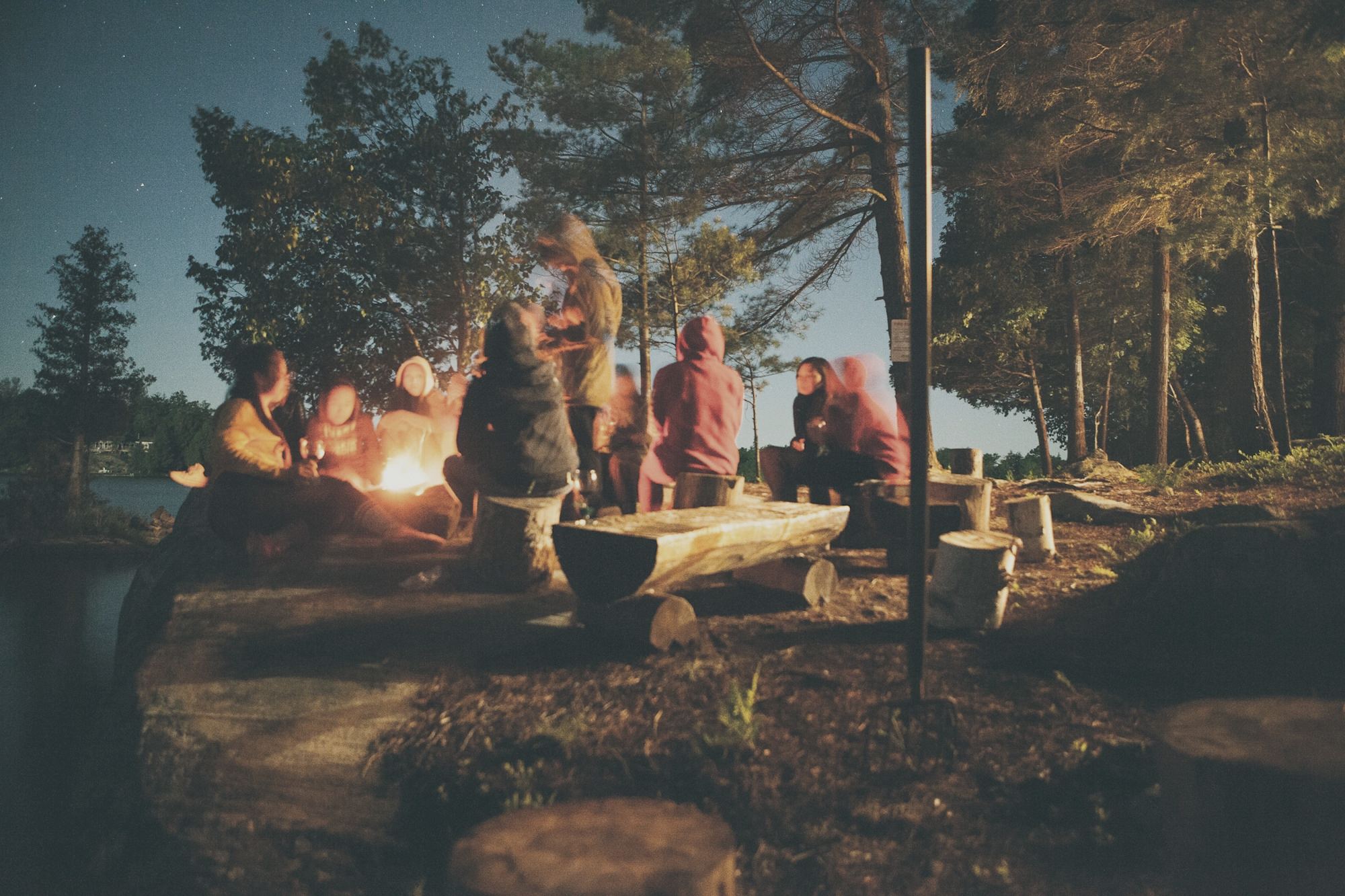 A campfire burning at night